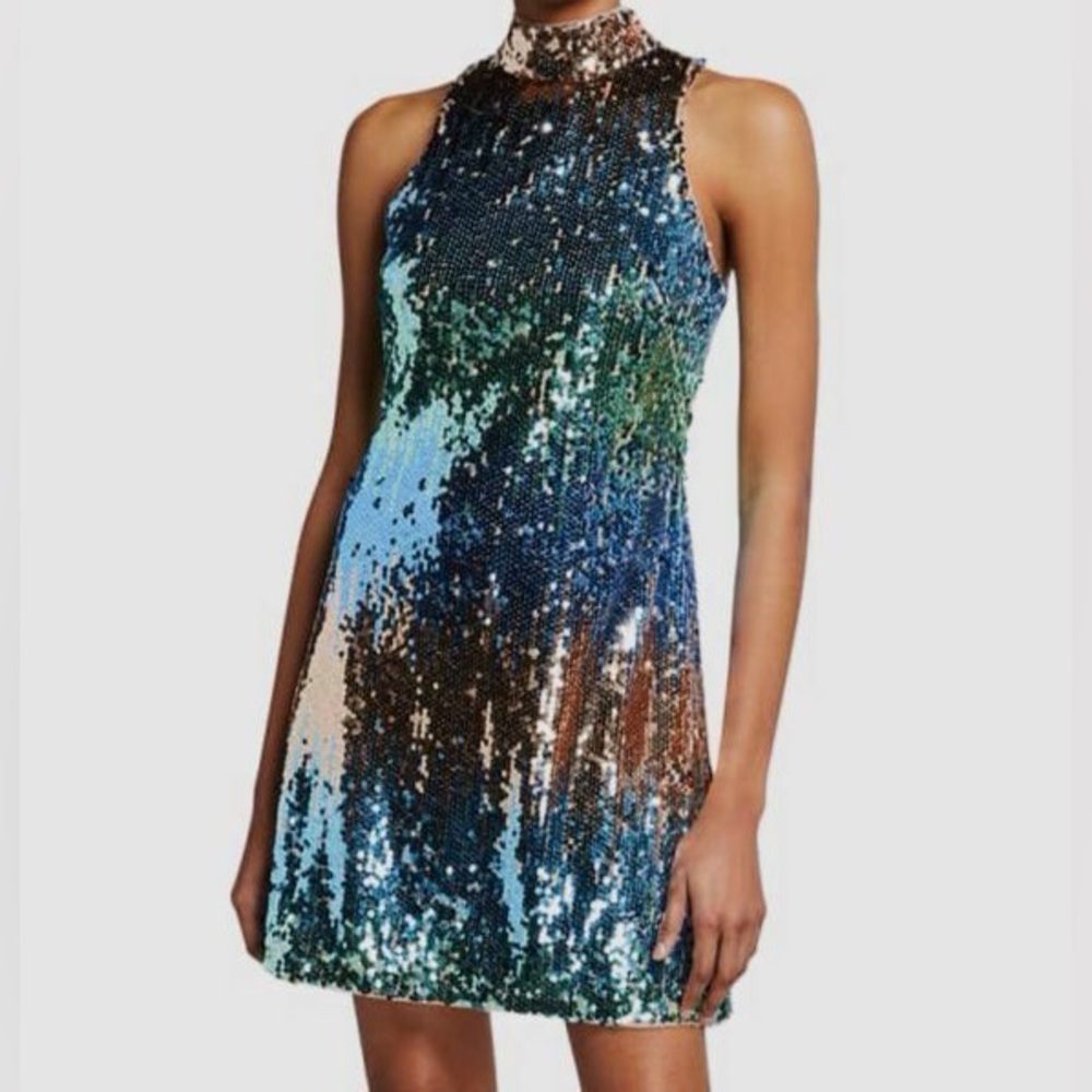 Aidan Mattox Sequin Halter Shift Dress - Blue and Green